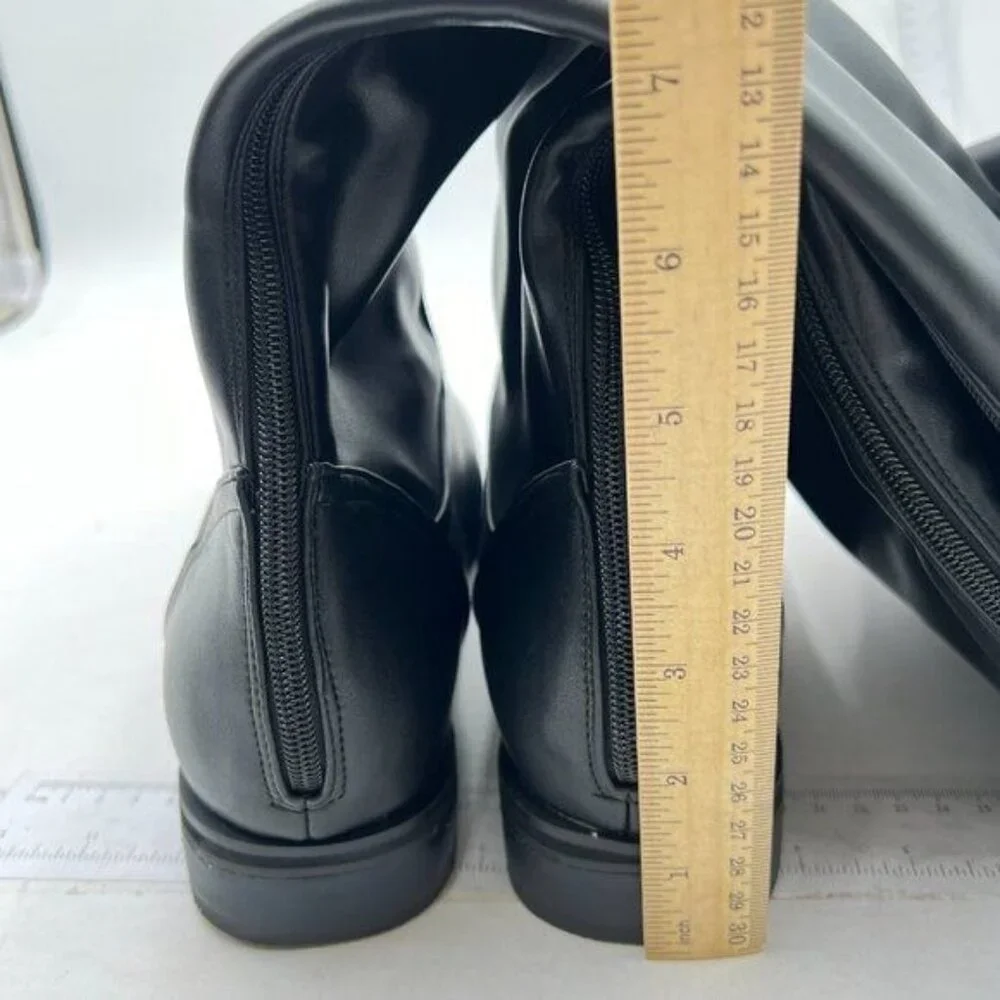 Women's Knee High Boots Women Chunky Tall Long Boots Low Heel, Round Toe Black